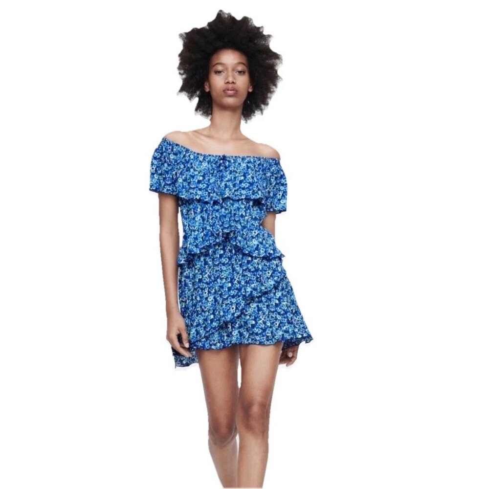 ZARA Blue Floral Off the Shoulder Tiered Ruffle Dress/Romper Sz M